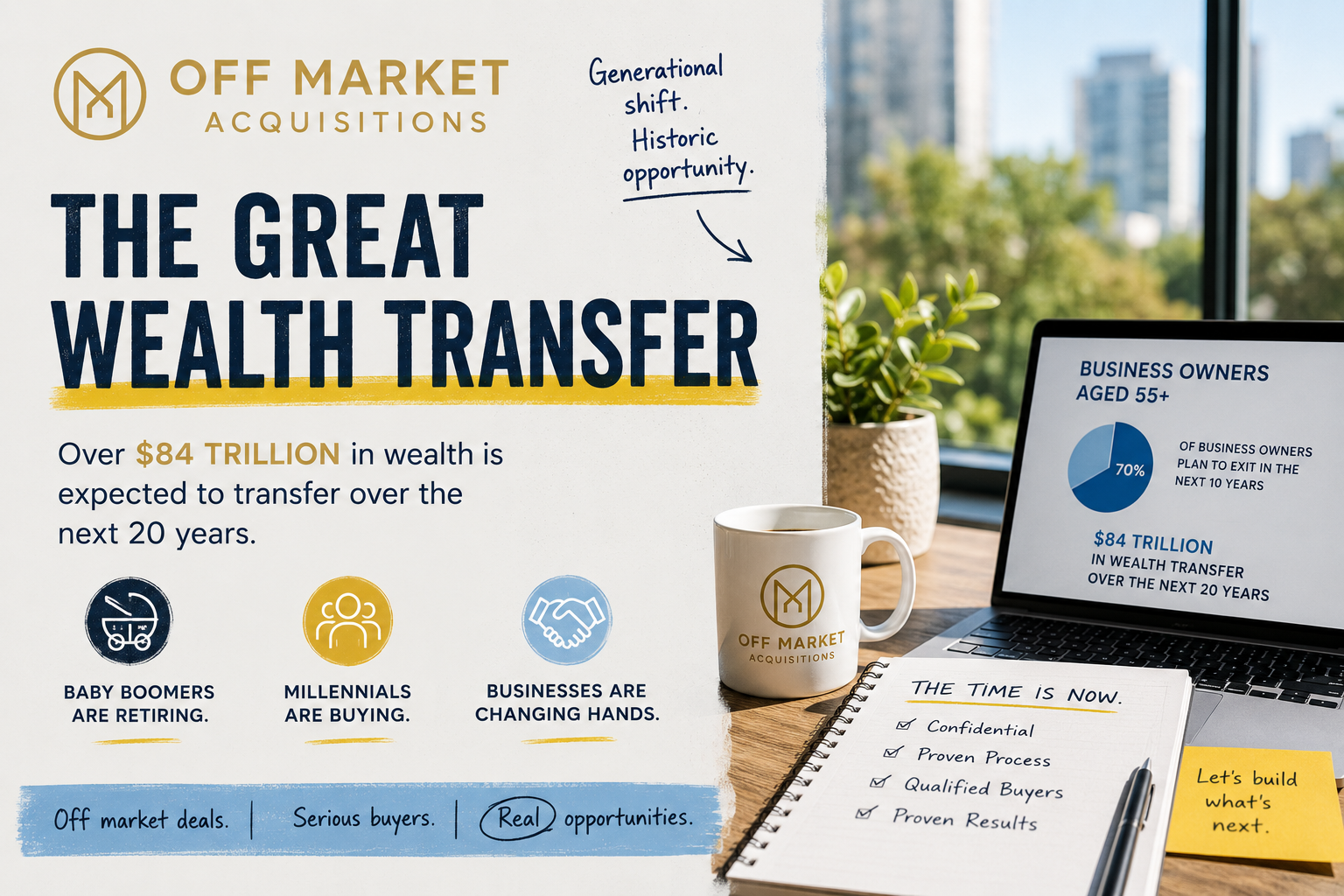 Promotional image highlighting a wealth transfer opportunity for aging business owners and potential buyers