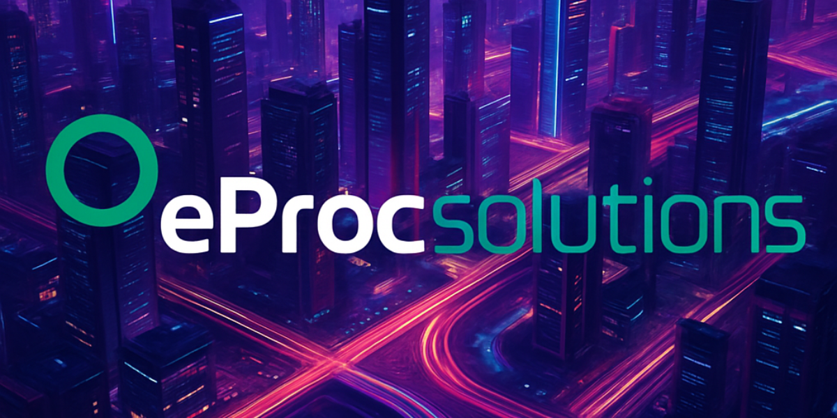 Logo of eProcsolutions over a futuristic cityscape with vibrant neon lighting