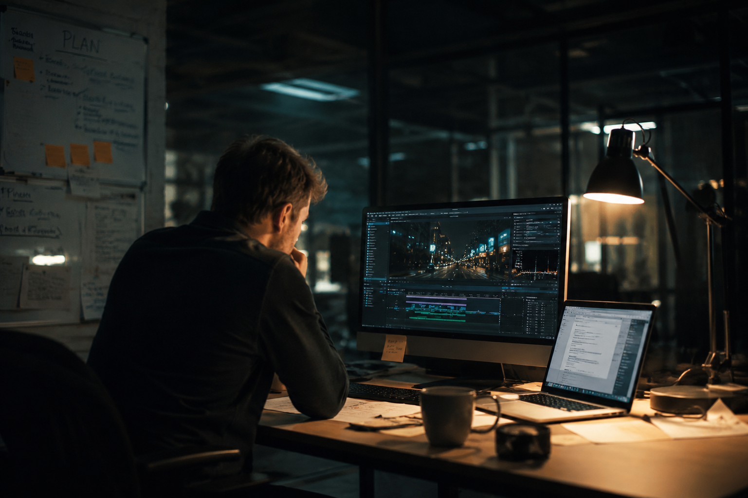 Person editing video on a large monitor in a dimly lit office space