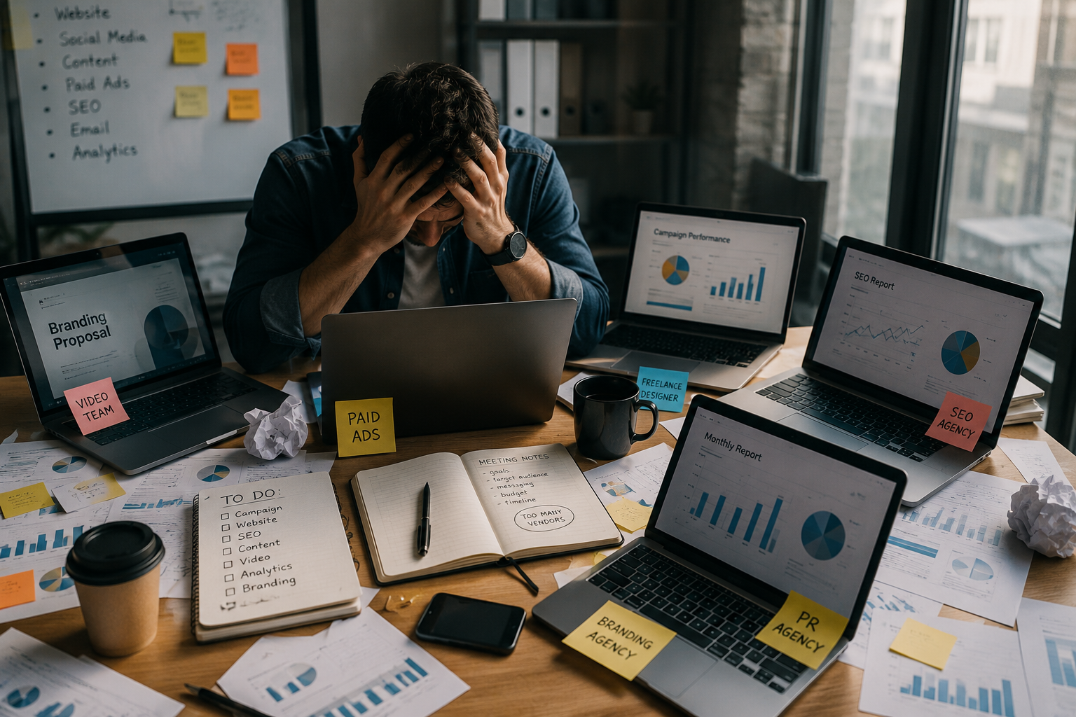 A stressed individual sits at a cluttered desk with multiple laptops displaying marketing reports