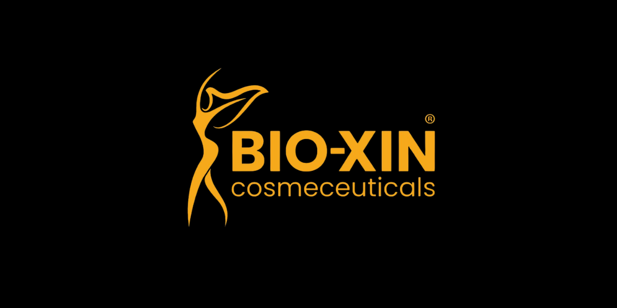 Logo of BIO-XIN Cosmeceuticals featuring a stylized figure in gold and black colors