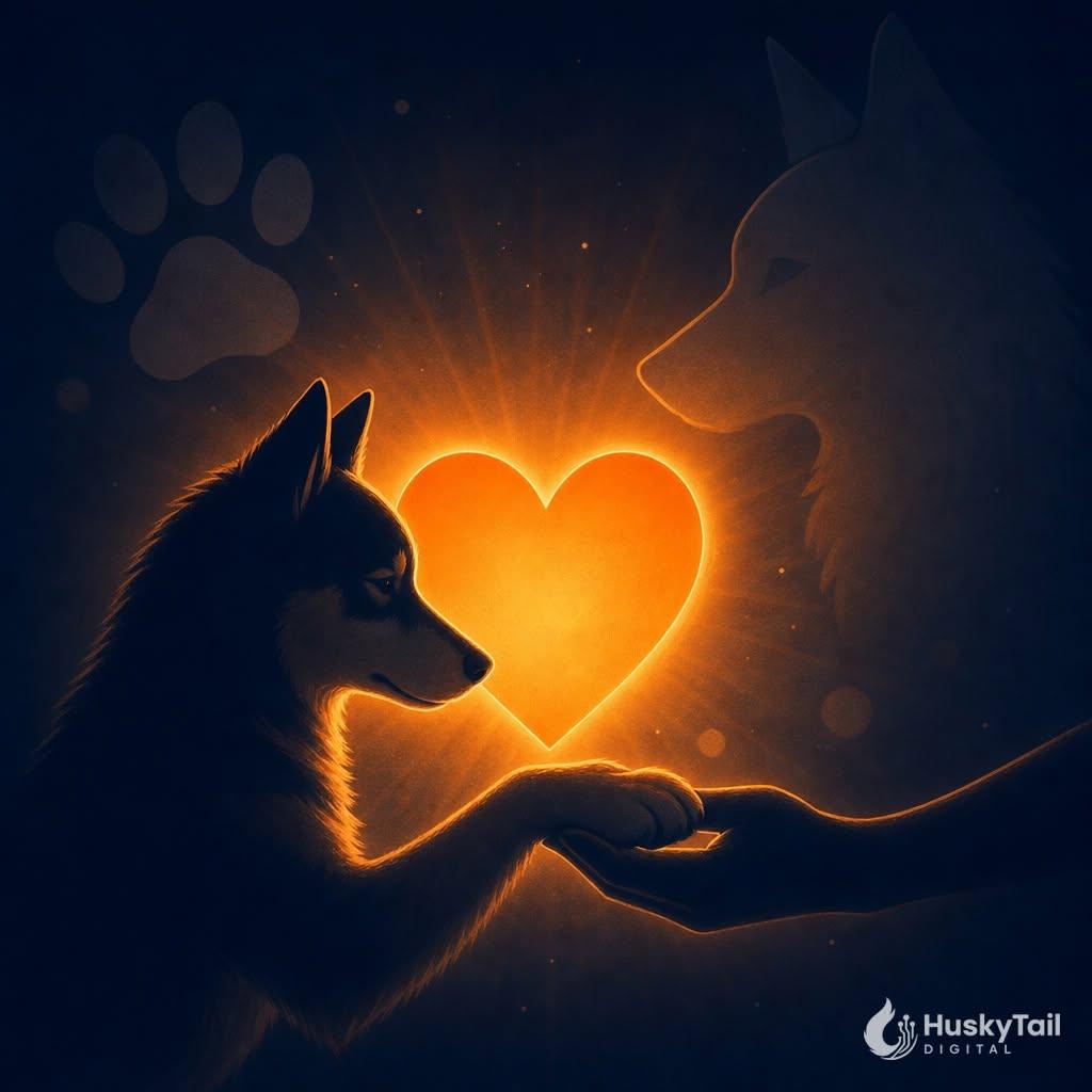 A husky puppy interacts with a human hand, surrounded by a glowing heart.