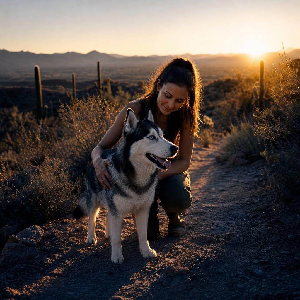 A woman kneels beside a husky dog during a sunset in a desert landscape