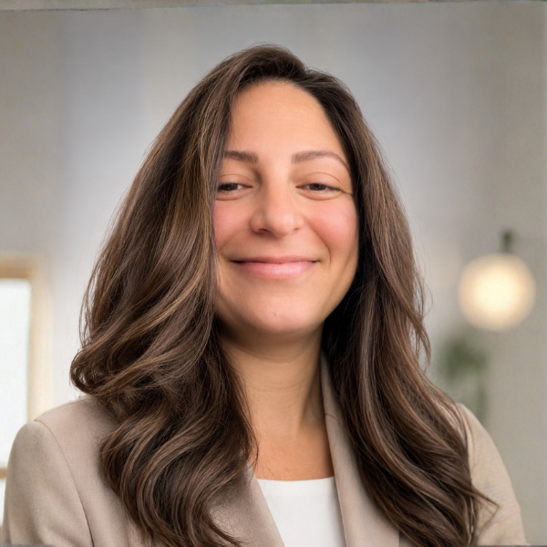 Woman with long wavy hair wearing a beige blazer, smiling in a bright setting