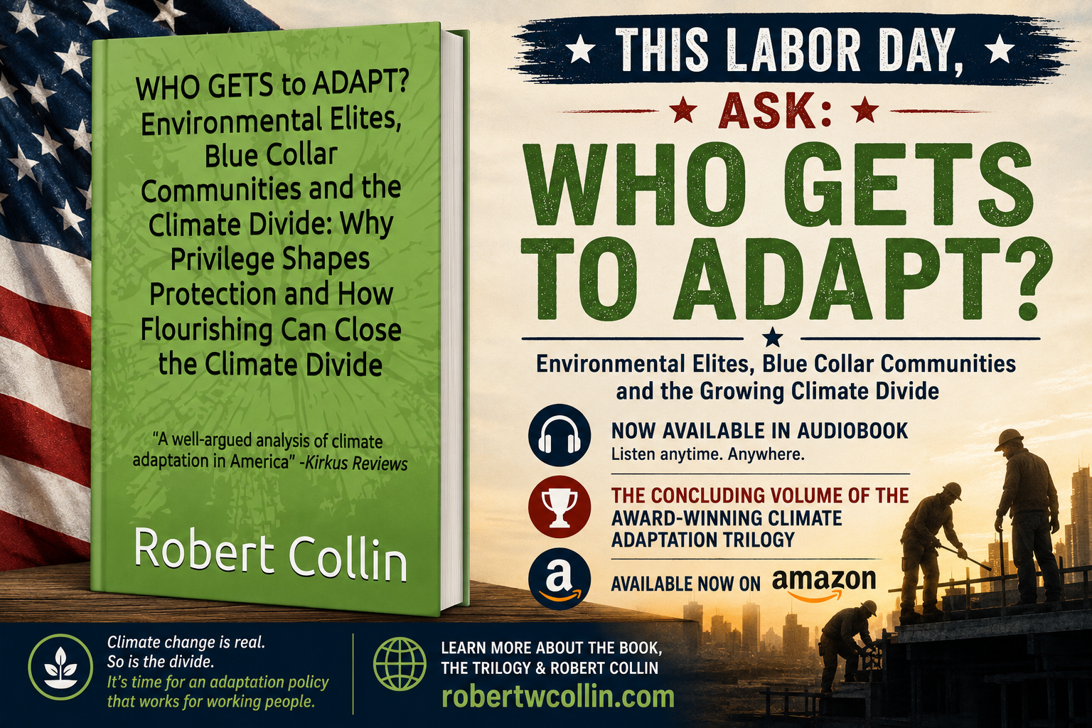 Promotional graphic for Robert Collin's book on climate adaptation and social disparities