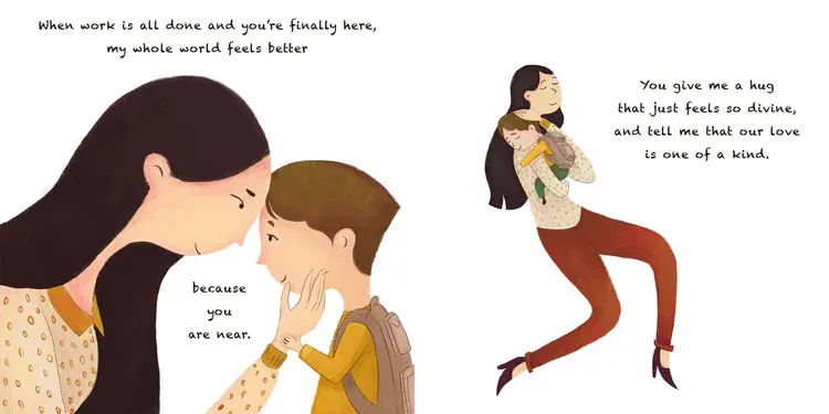 A warm illustration showing a mother and child sharing affection after work.