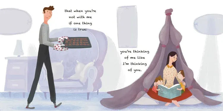 A man carries cookies; a woman reads to children in a cozy setting.