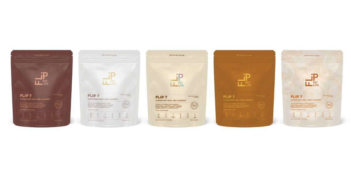 Five pouches of dietary supplements in different colors and designs arranged in a row