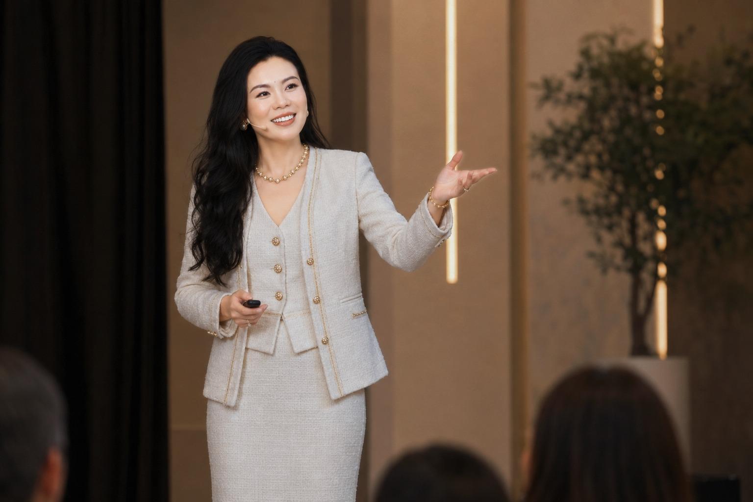 A woman in a light suit gestures while speaking to an audience.