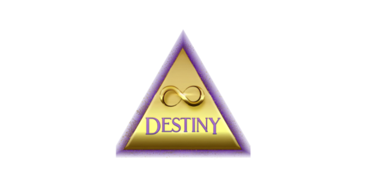 Golden triangle with an infinity symbol and the word "DESTINY" in purple text