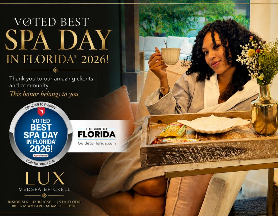 Woman enjoying a spa day, smiling, with a "Best Spa Day" award prominently displayed
