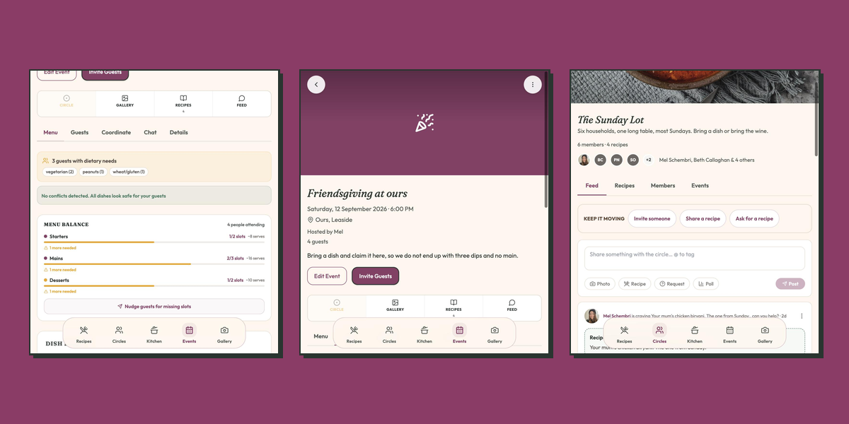 Three app screens displaying events, menu details, and guest information in a modern design