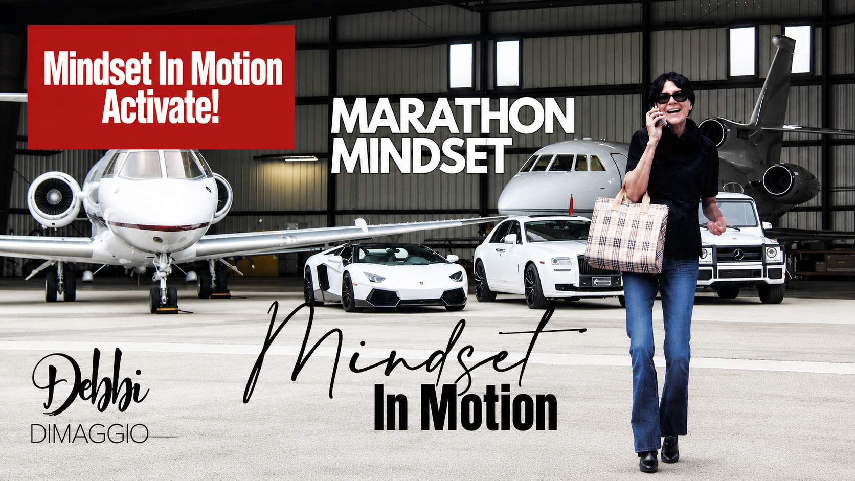 A woman walking confidently in front of private jets and luxury cars