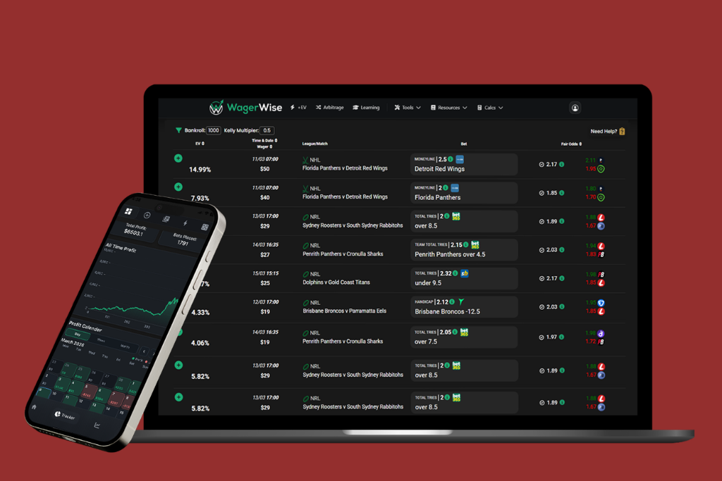 A laptop and smartphone displaying the WagerWise betting analysis platform interface