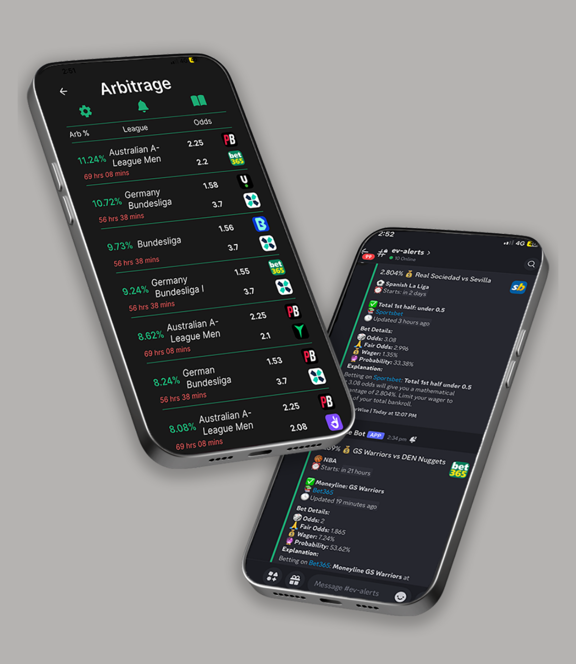 Two smartphones displaying sports betting arbitrage opportunities and match details on screens