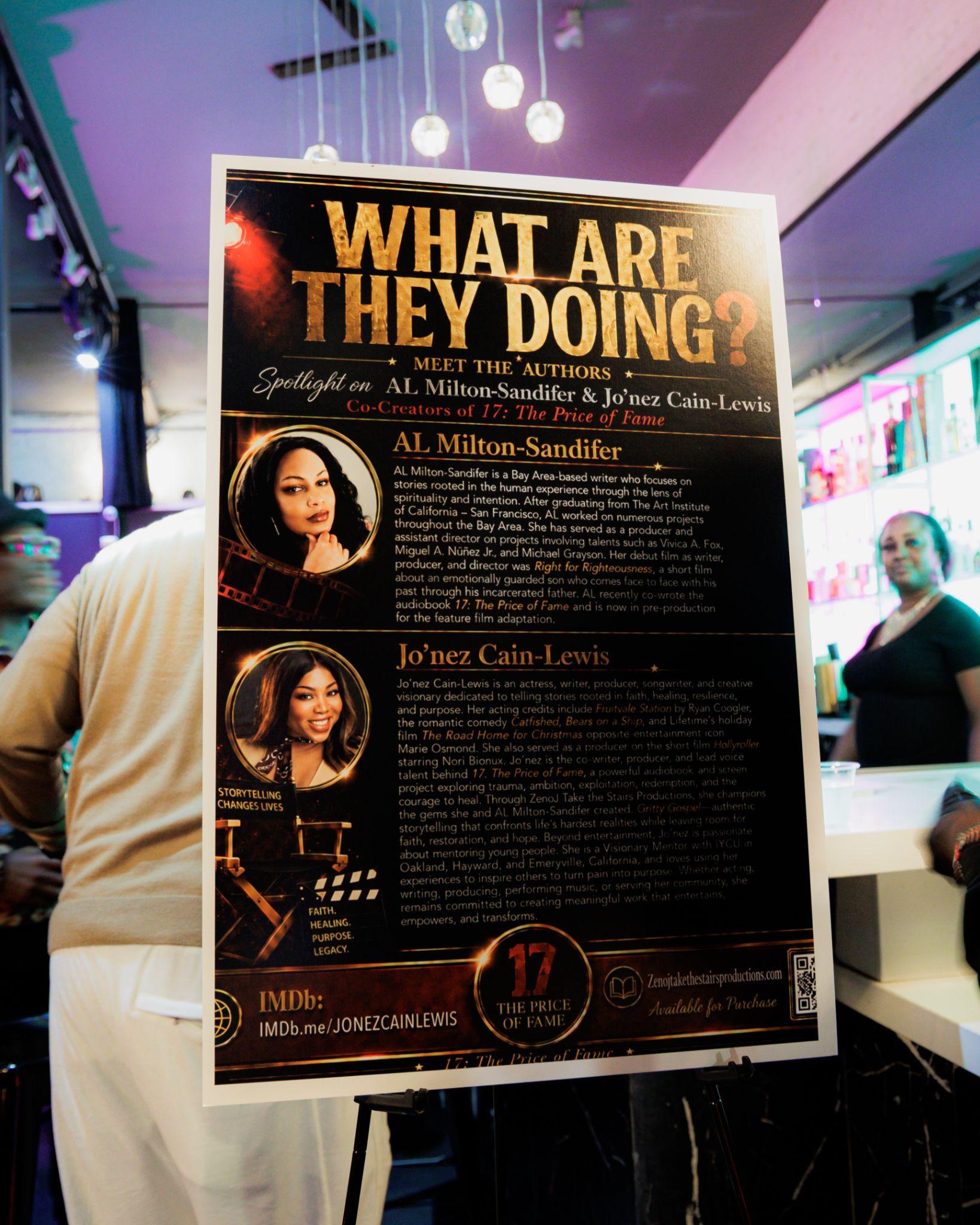 Poster featuring biographies of authors Al Milton-Sandifer and Jo'nez Cain-Lewis at an event