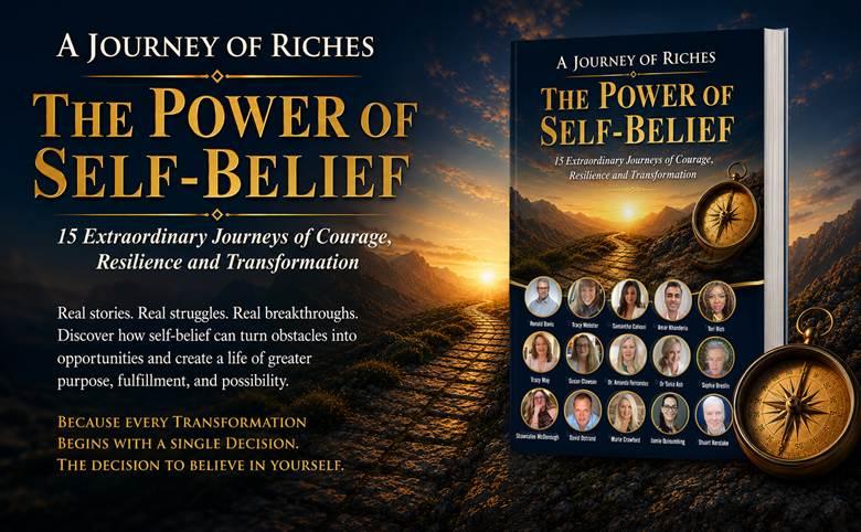Book cover featuring "The Power of Self-Belief" with a journey theme and multiple portraits