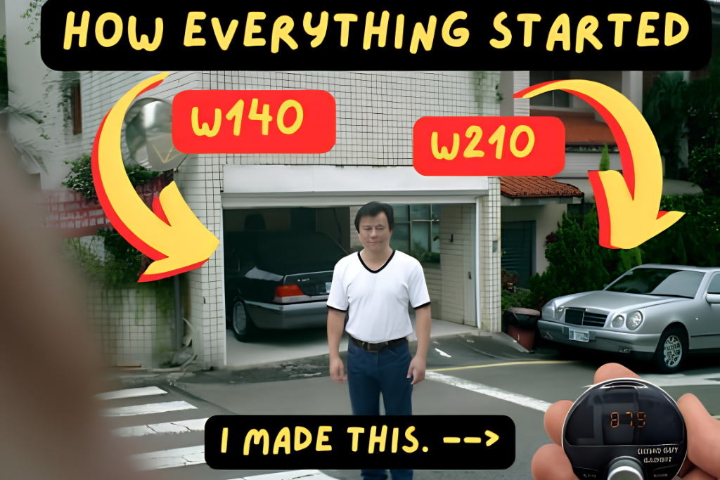 Man stands in front of a garage with two labeled cars and a stopwatch.