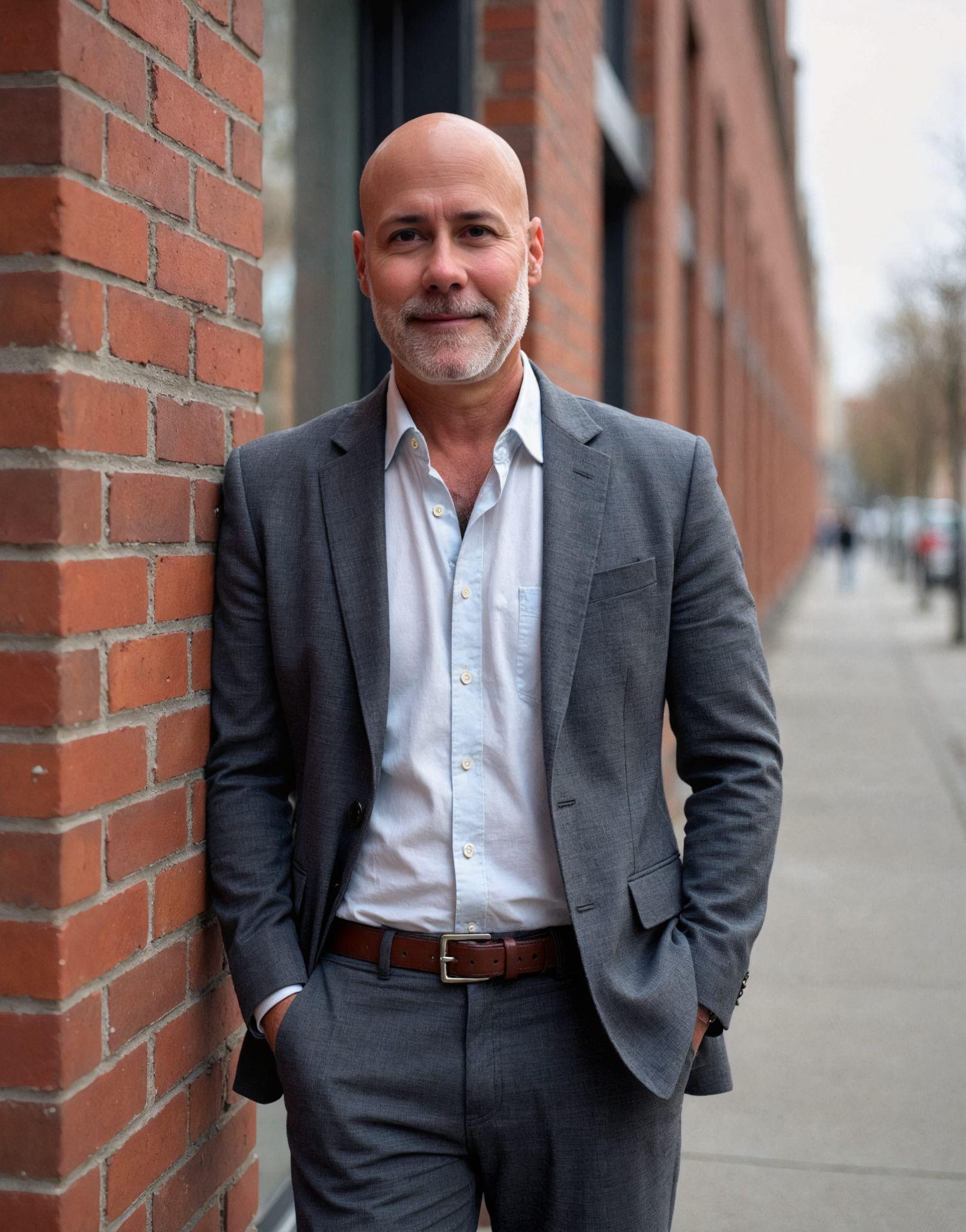 Man in a gray suit stands against a brick wall, smiling confidently outdoors