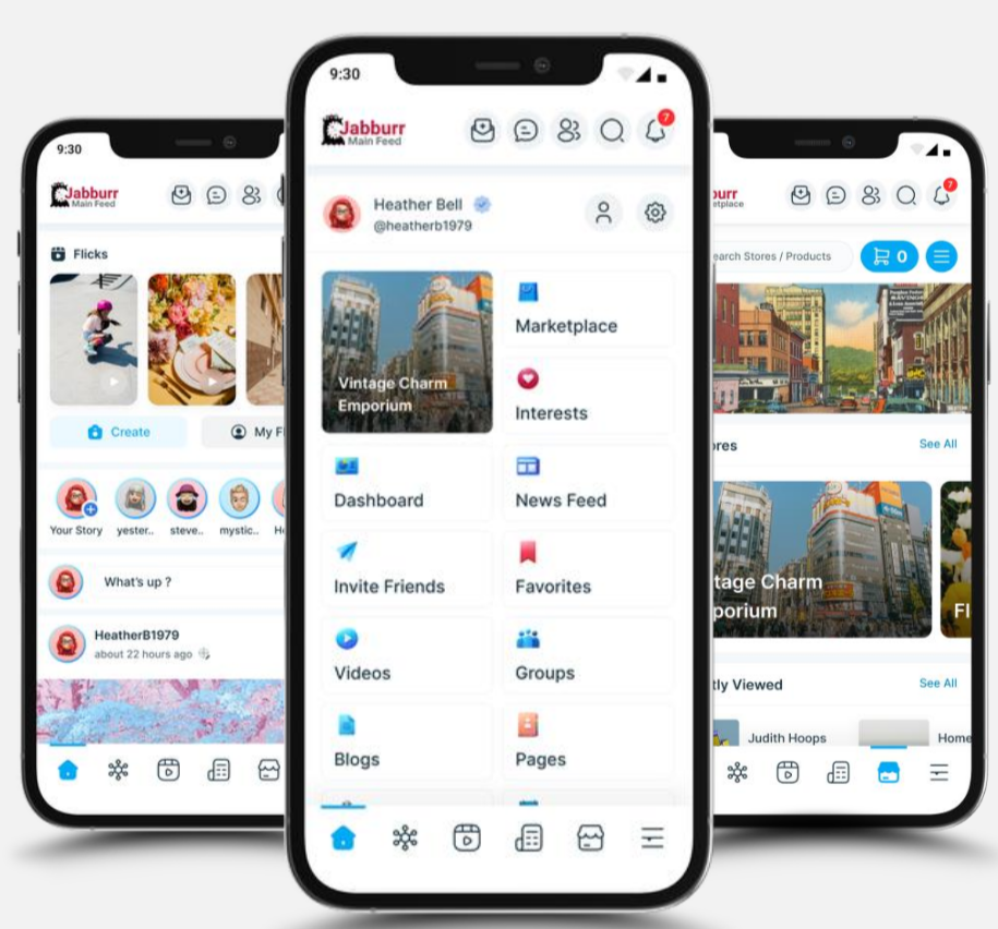 Three smartphone screens displaying a social media application with various user interface elements