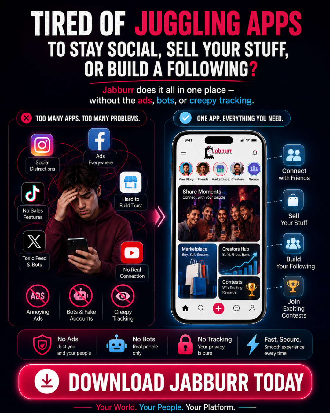Advertisement for Jaburr app highlighting features like social connection, marketplace, and tracking-free experience