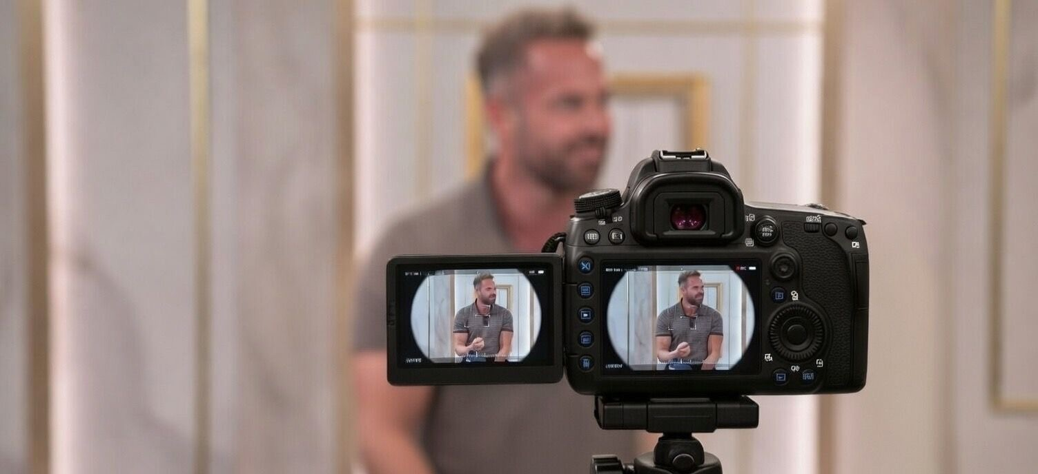 Camera on tripod capturing a man speaking in a studio setting