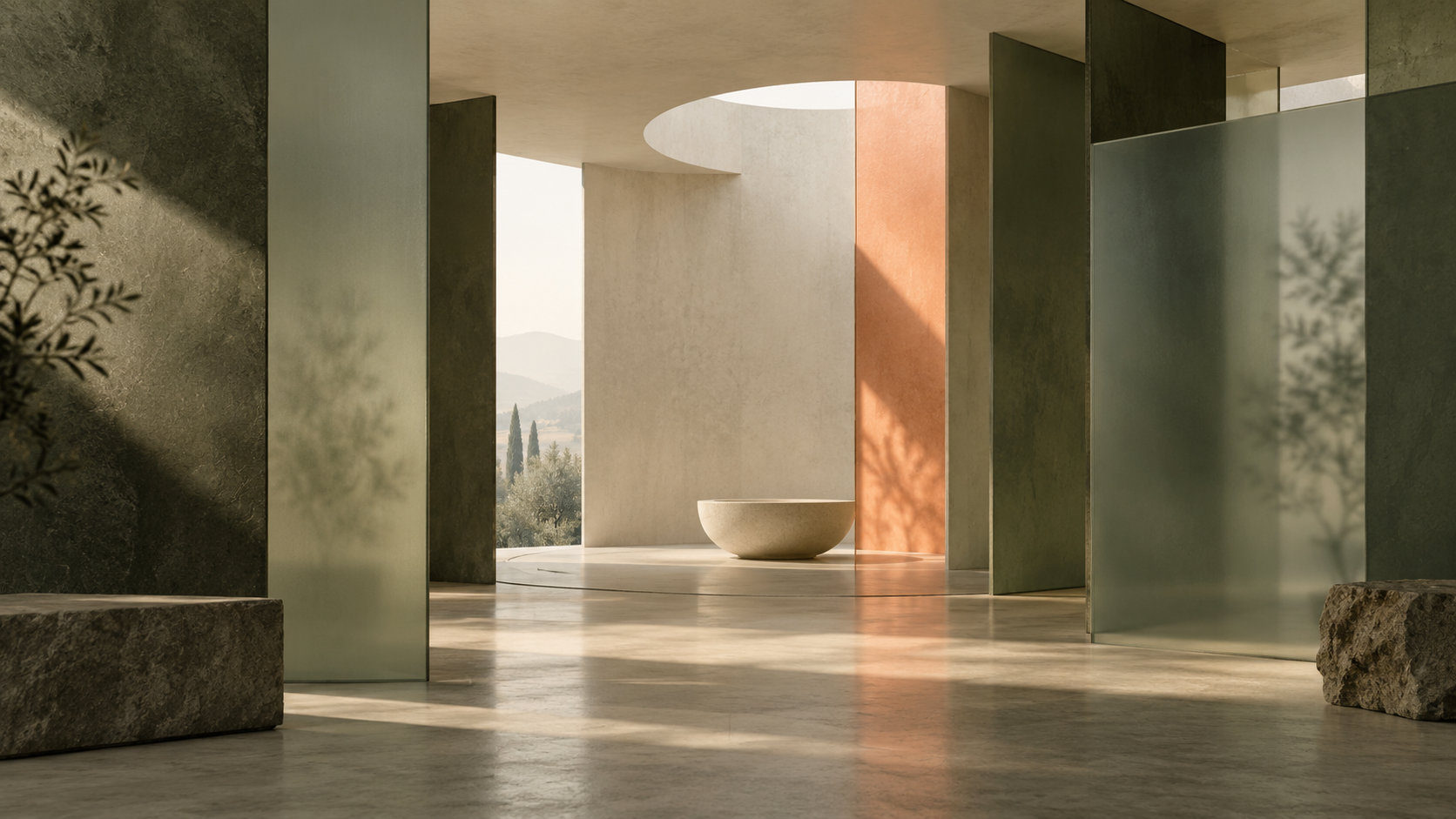 Modern interior featuring soft hues, a stone basin, and flowing natural light
