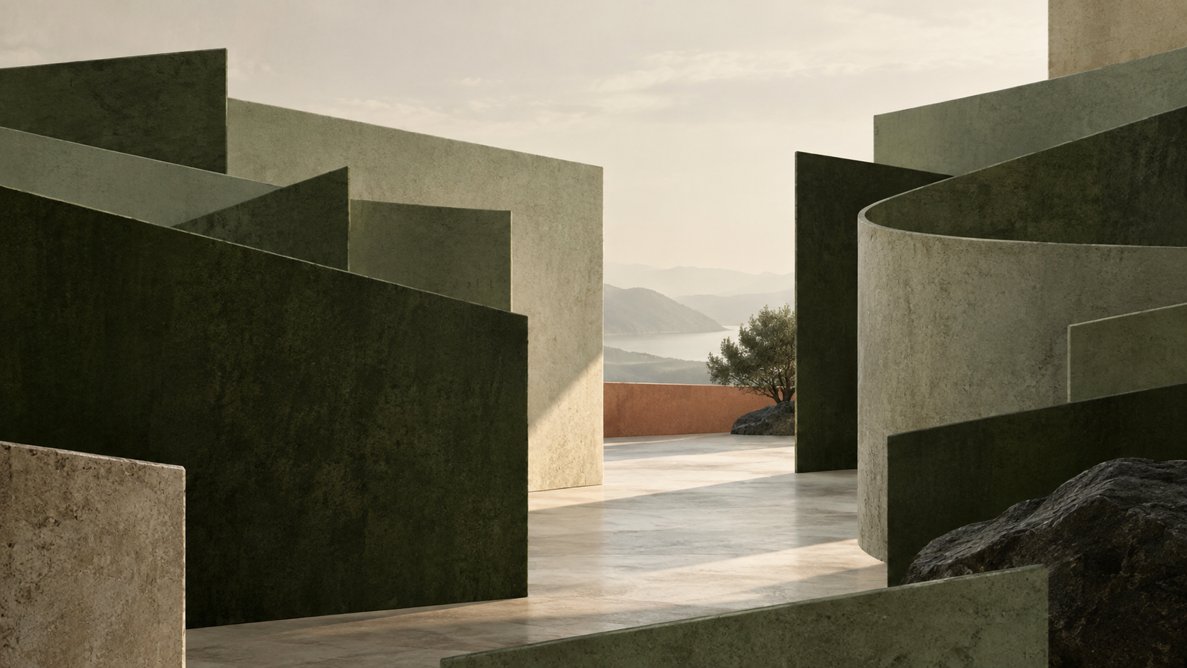 Abstract landscape with curved stone walls, soft lighting, and distant mountains in the background