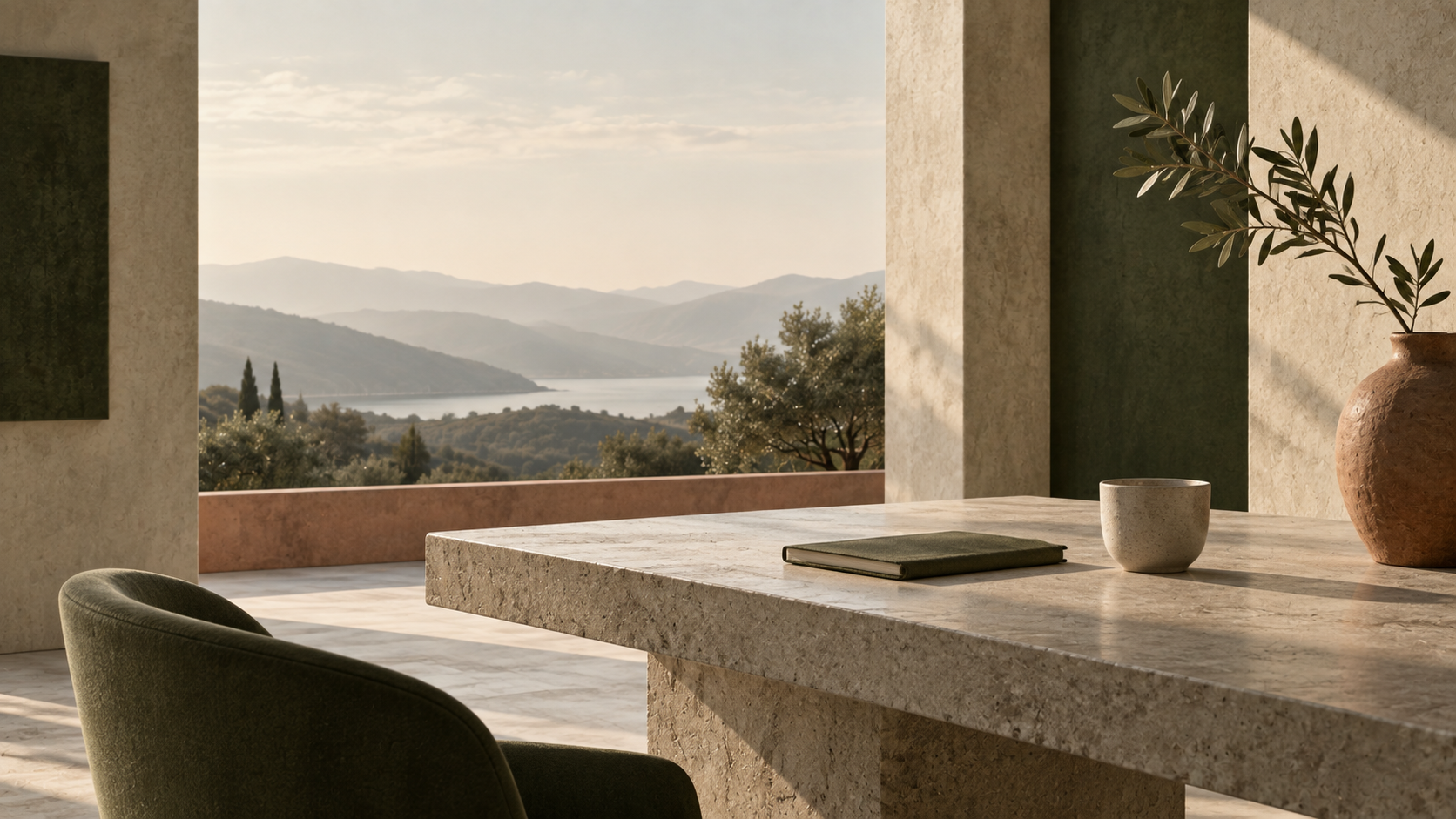 Modern interior with a stone table, green decor, and a scenic mountain view