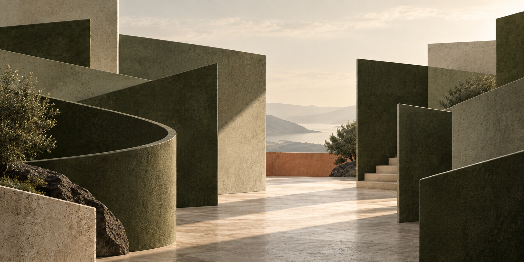 Abstract architectural landscape with curved walls and stairs overlooking a serene water view