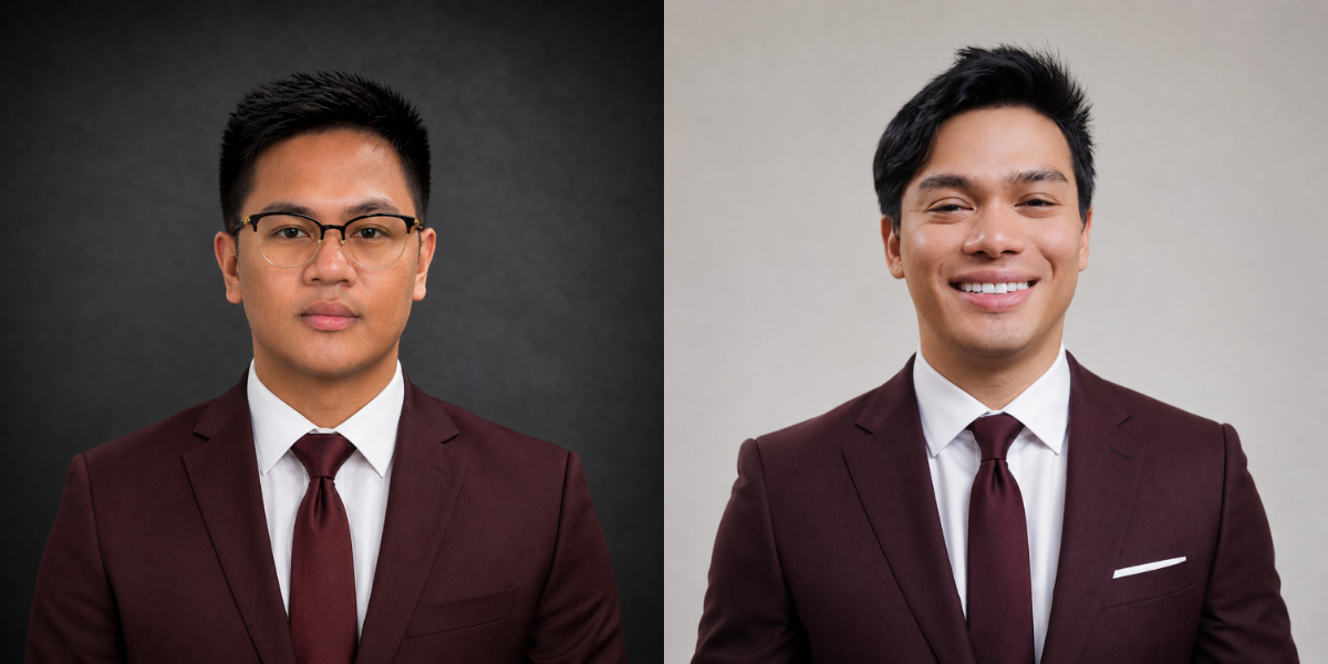 Two young men in burgundy suits, one serious and the other smiling, against different backgrounds