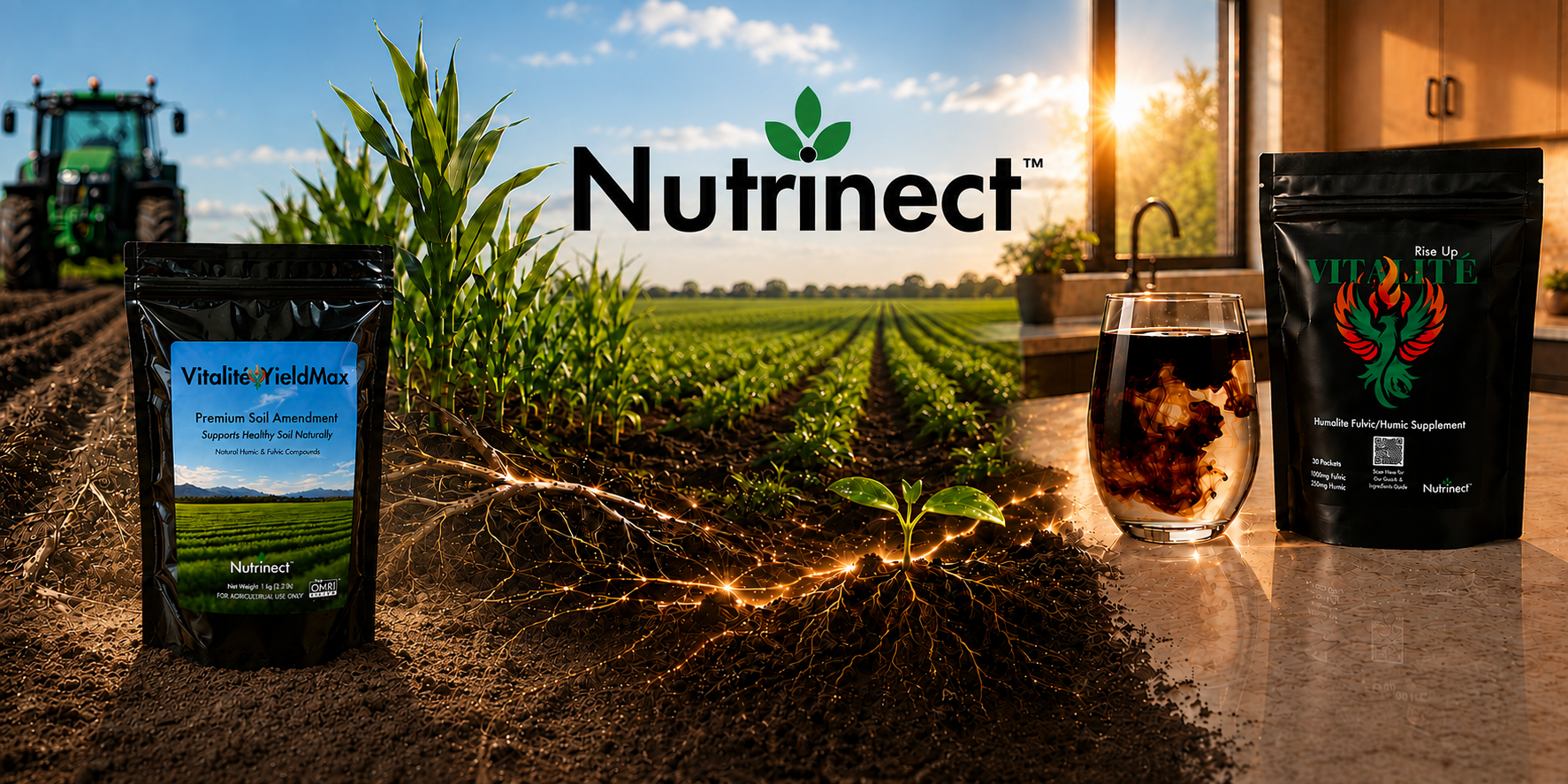 Nutrinect products displayed near soil and plants with a tractor in the background