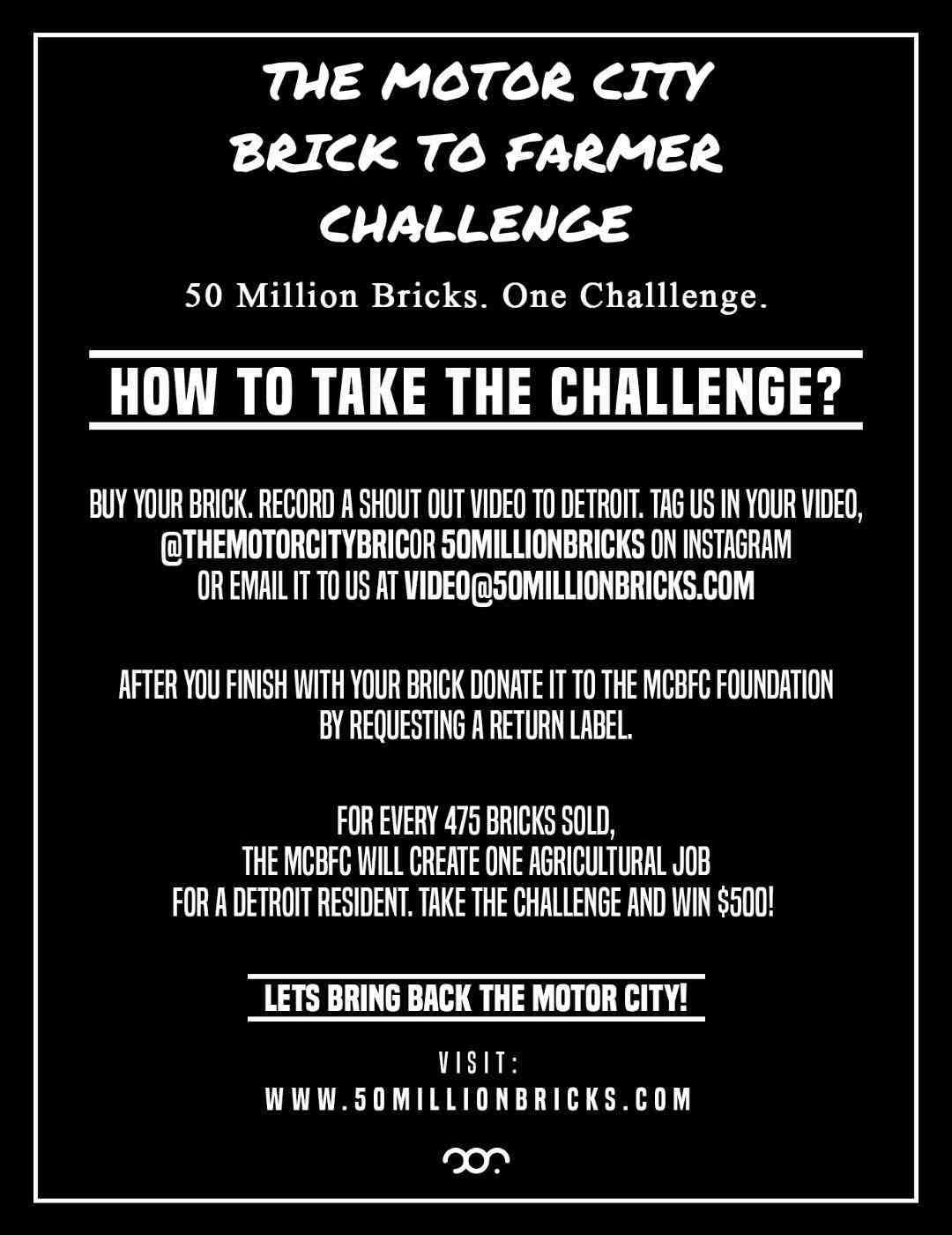 Promotional flyer for the Motor City Brick to Farmer Challenge supporting agricultural jobs in Detroit