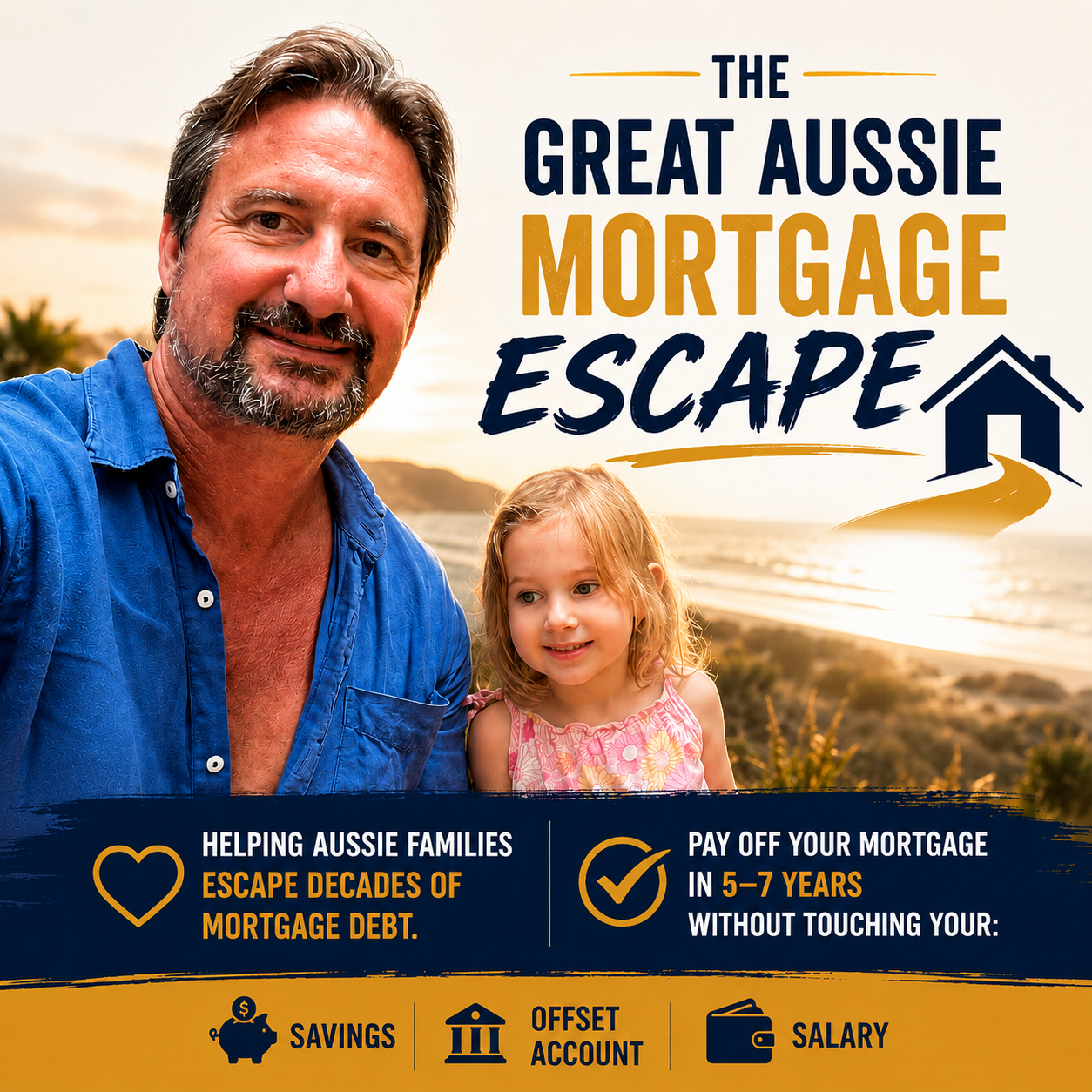 Man and child smiling; promotional graphic for a mortgage debt assistance program