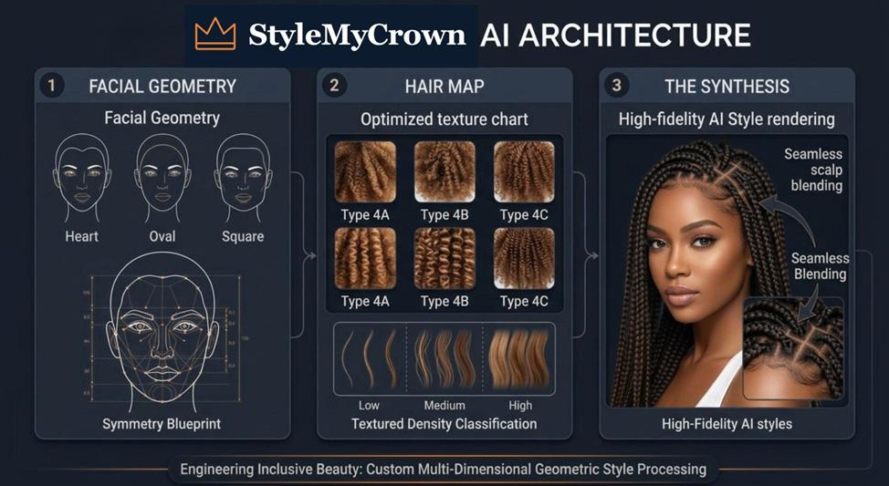 Diagram illustrating AI architecture for facial geometry, hair mapping, and synthesis in beauty applications
