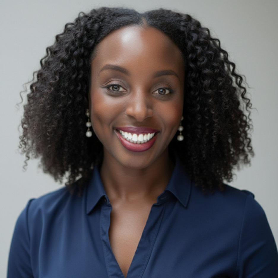 Smiling woman with curly hair wearing a navy shirt and earrings