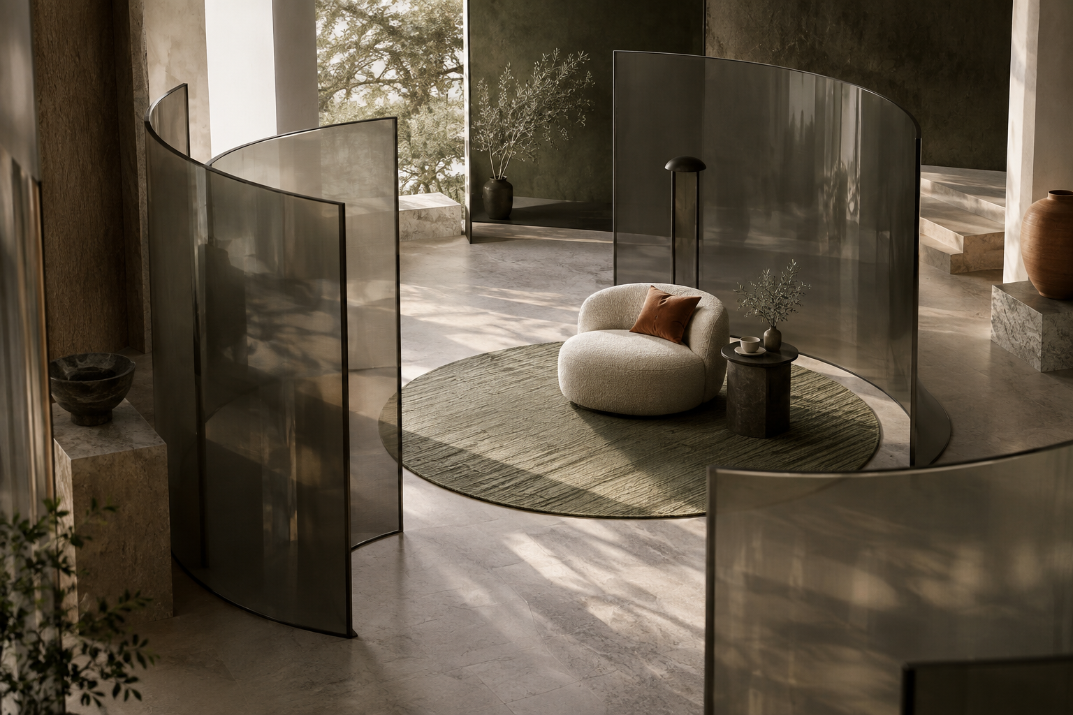 Modern interior featuring curved glass partitions, a cozy chair, and a round rug