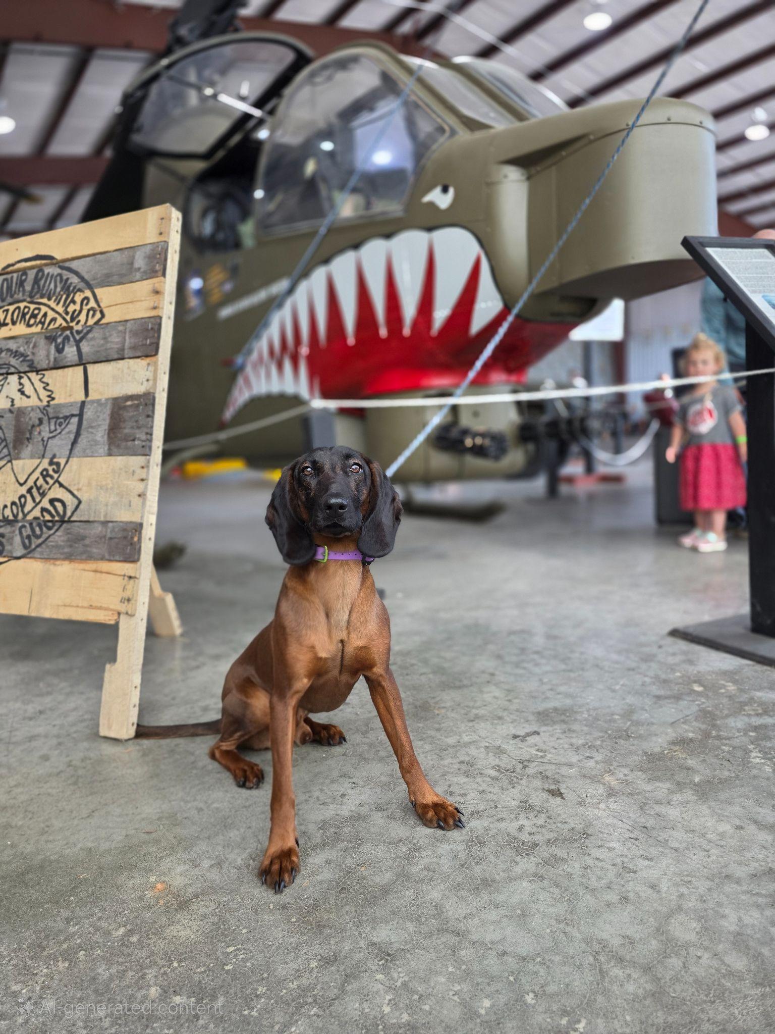 A brown dog sits in front of a military helicopter with a fierce design