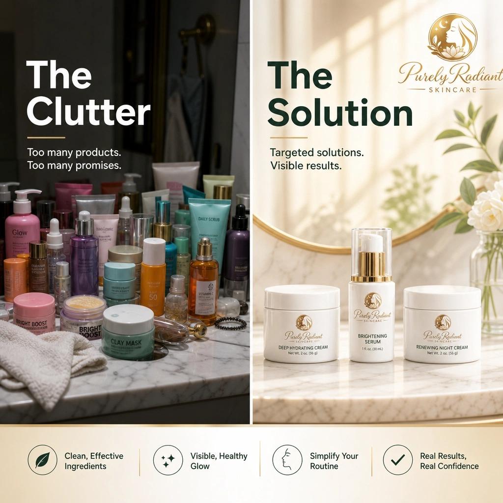 Image comparing cluttered skincare products on the left to organized Purely Radiant products on the right