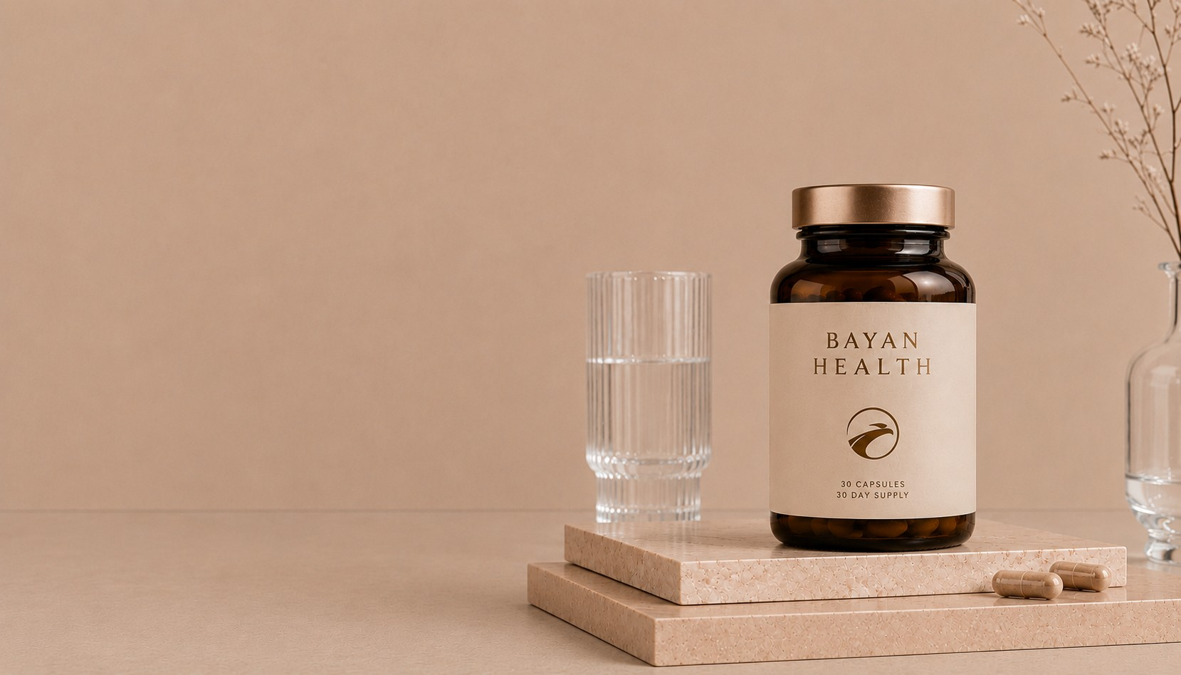 Amber jar of capsules labeled "Bayan Health" placed on a minimalist background.