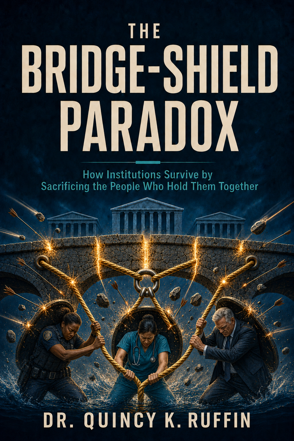 Book cover featuring a dramatic illustration of three men struggling against a collapsing bridge