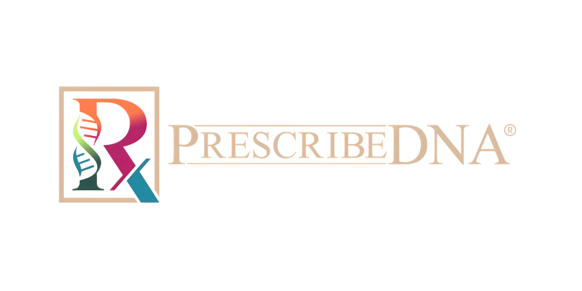 Logo of PrescribeDNA featuring stylized letters and a DNA graphic in vibrant colors