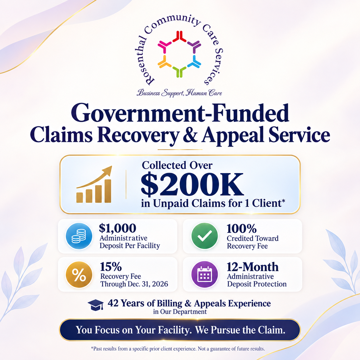 Infographic promoting government-funded claims recovery service with financial details and expertise highlights