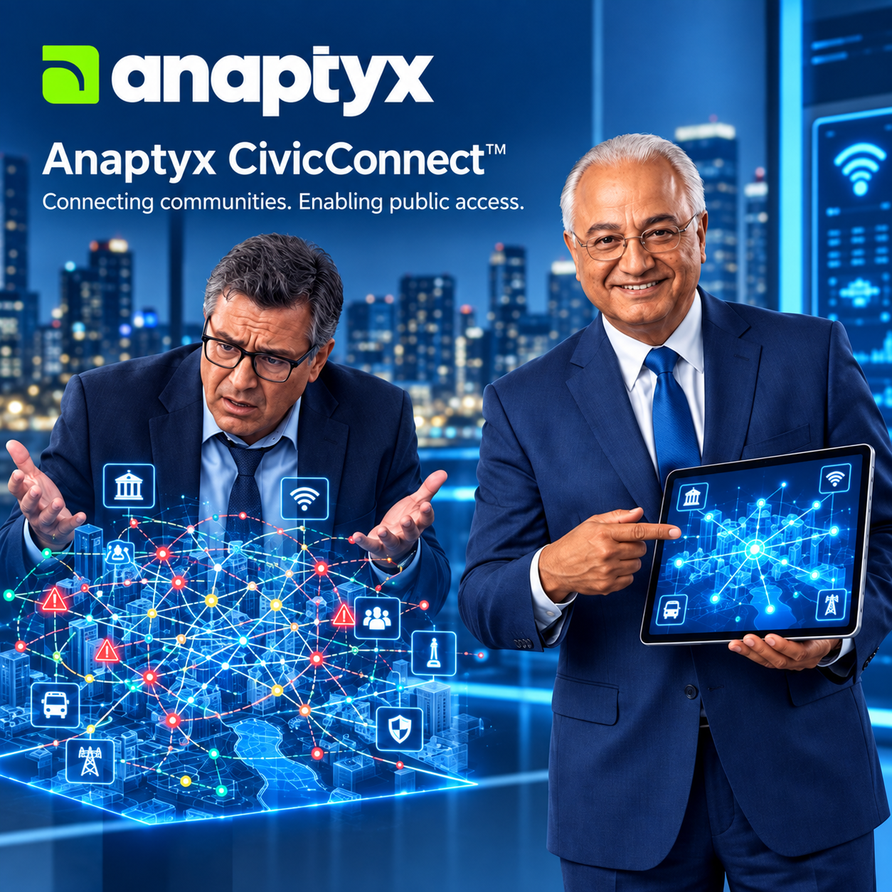 Two men in suits promoting Anaptyx CivicConnect with technology background and digital connections.