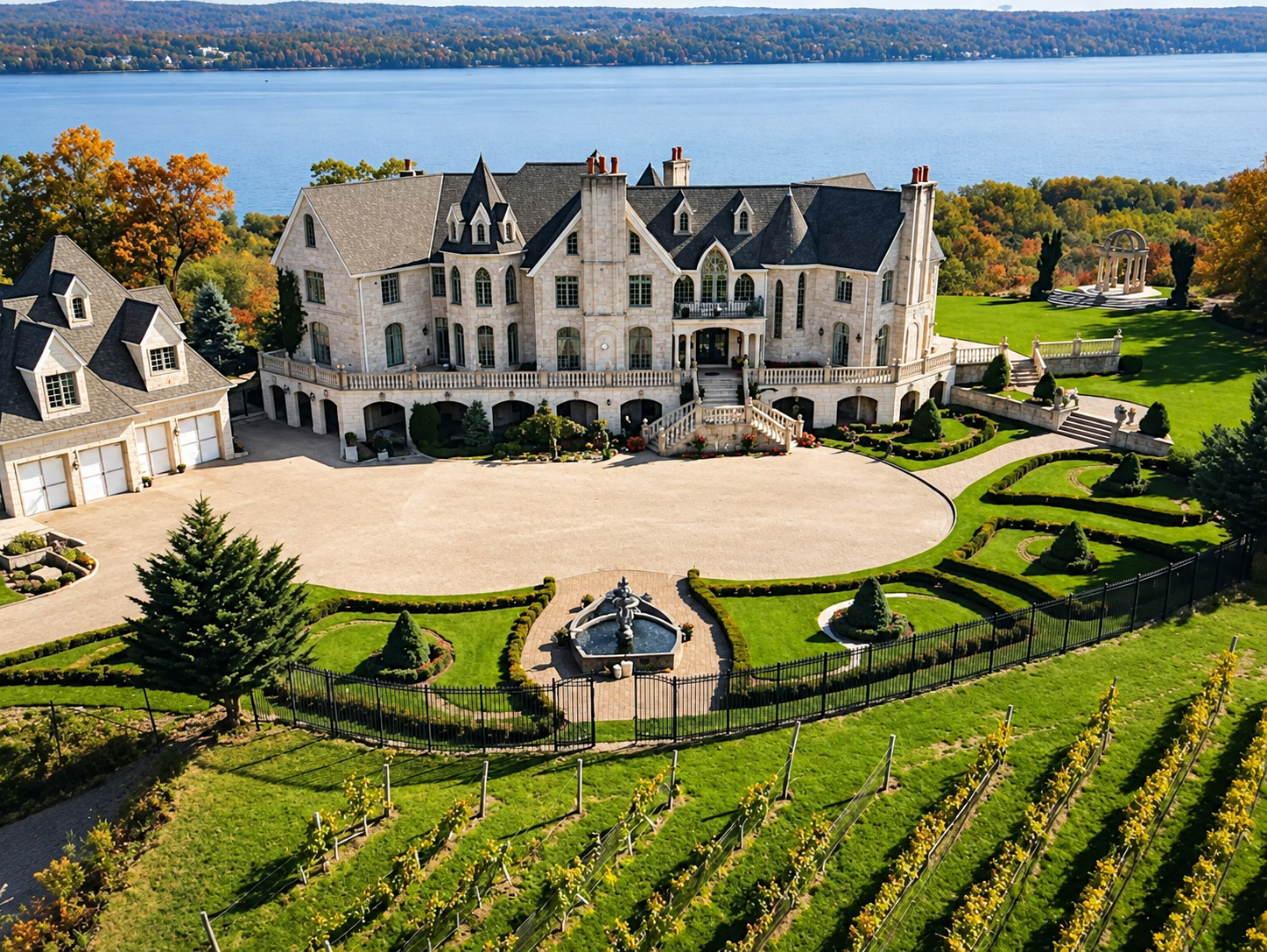Grand mansion overlooking a lake, surrounded by lush gardens and vineyards.