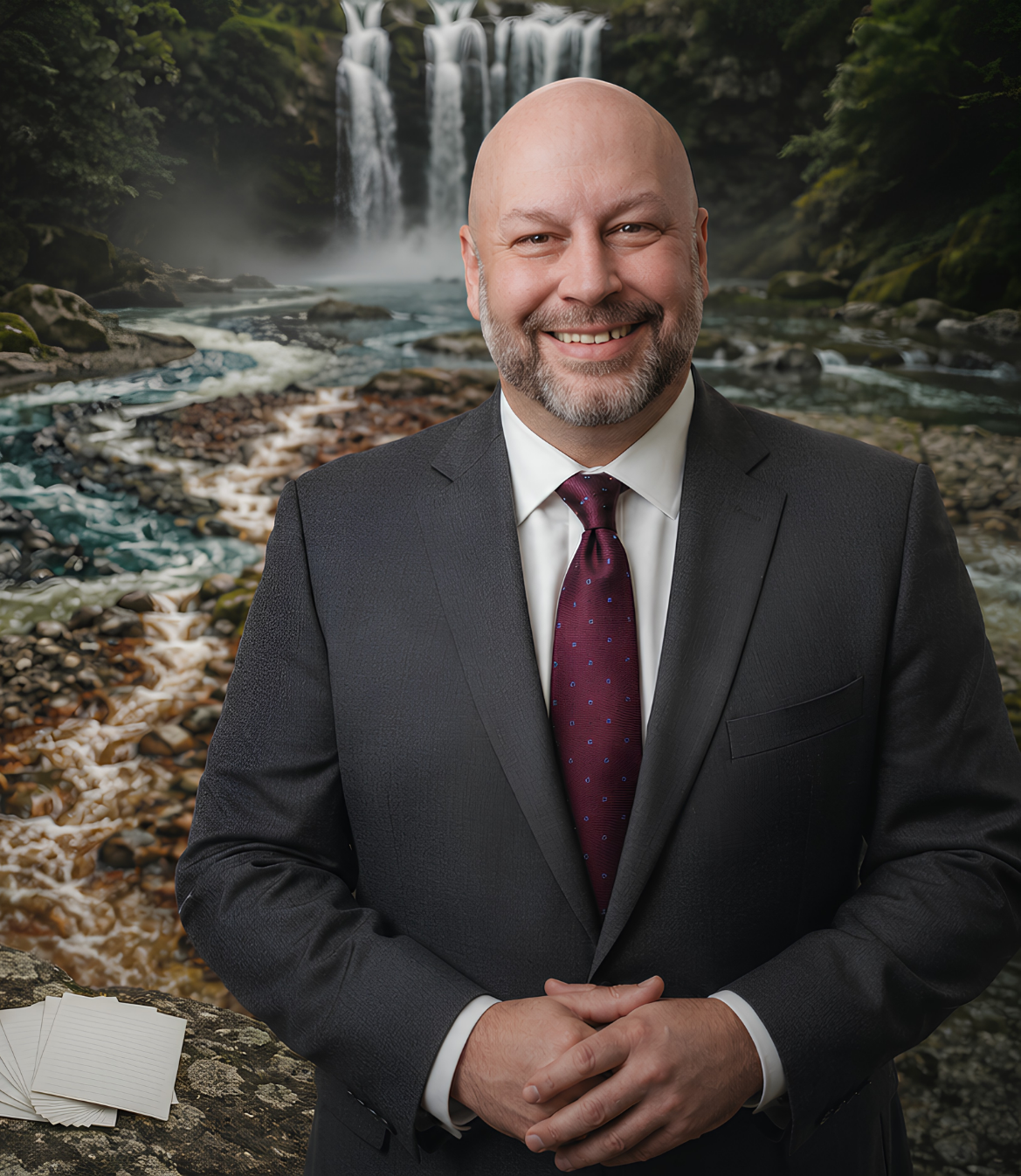 Man in a suit smiling in front of a scenic waterfall background