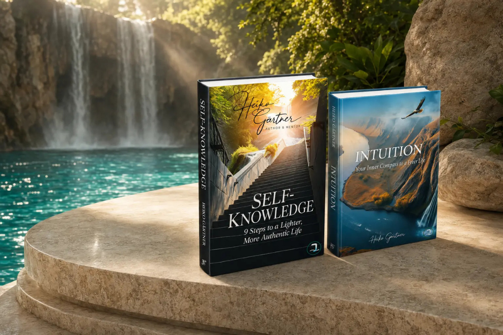 Two books on a stone surface beside a tranquil waterfall and greenery