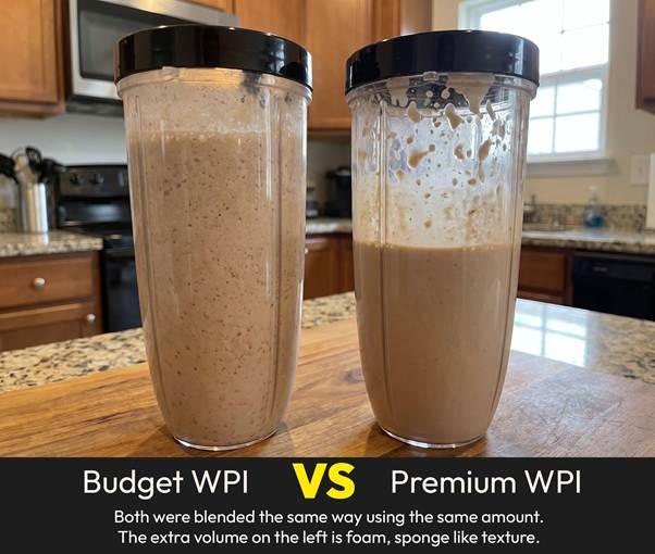 Comparison of two protein shakes in containers labeled Budget WPI and Premium WPI