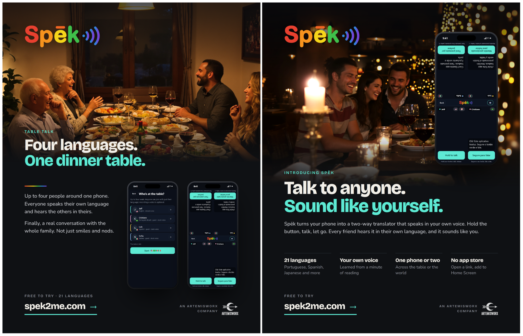 Two promotional images for Spek: a dining scene with multilingual people and a smartphone app display.