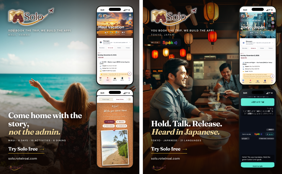 Collage of two app screens for travel planning and language learning with people enjoying experiences